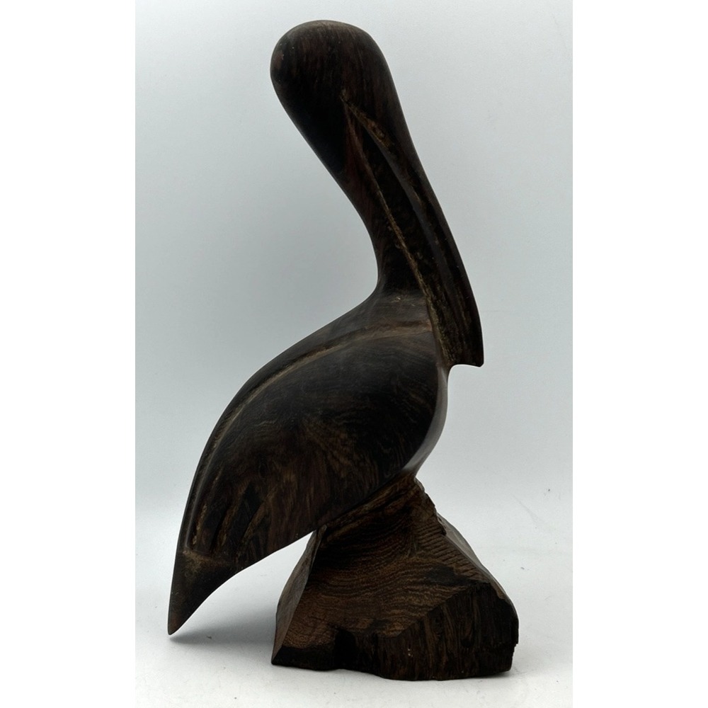Vintage Wood Hand Carved Wooden Pelican Exoticโ Hard Iron Statue 9" Tall